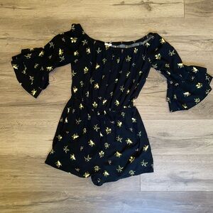 Soprano Women's Med Rayon Romper Black Yellow Lemon Design Off Shoulder